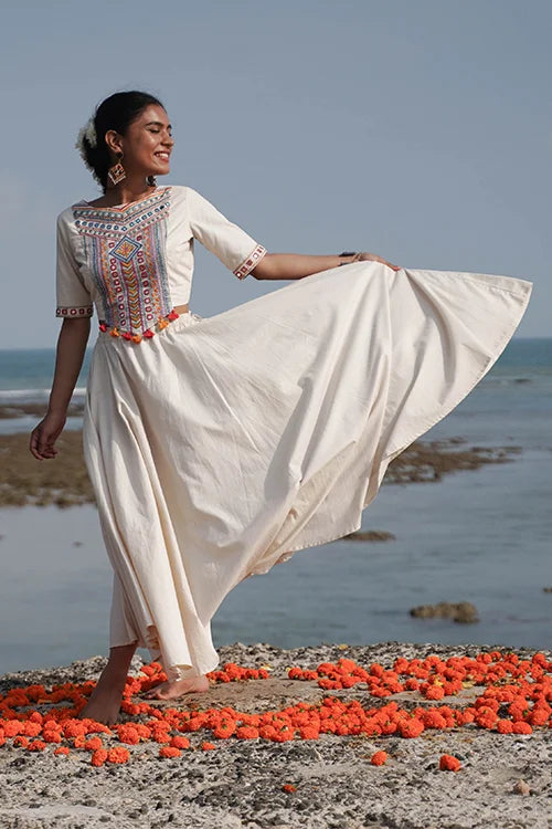 Okhai 'North Star' Hand-Embroidery and Mirrorwork Off White Pure Cotton Blouse