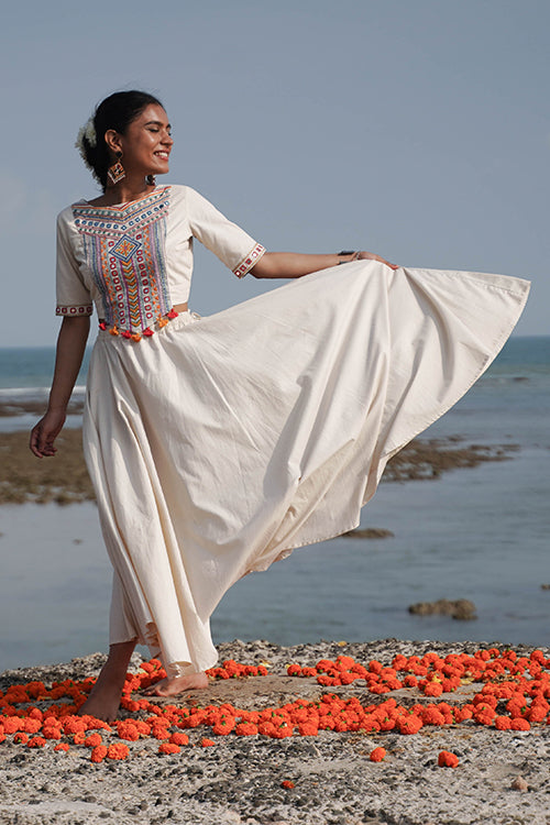 Okhai 'North Star' Hand-Embroidery and Mirrorwork Off White Pure Cotton Blouse
