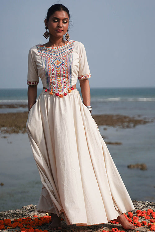 Okhai 'North Star' Hand-Embroidery and Mirrorwork Off White Pure Cotton Blouse