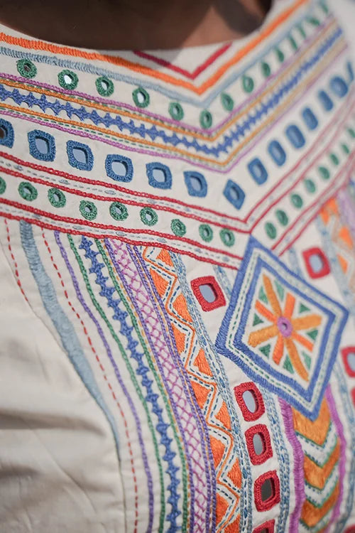 Okhai 'North Star' Hand-Embroidery and Mirrorwork Off White Pure Cotton Blouse