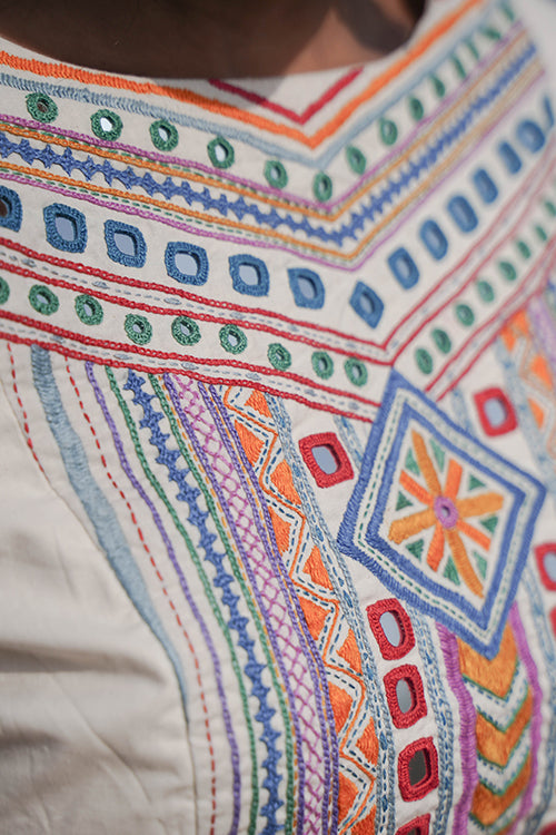 Okhai 'North Star' Hand-Embroidery and Mirrorwork Off White Pure Cotton Blouse