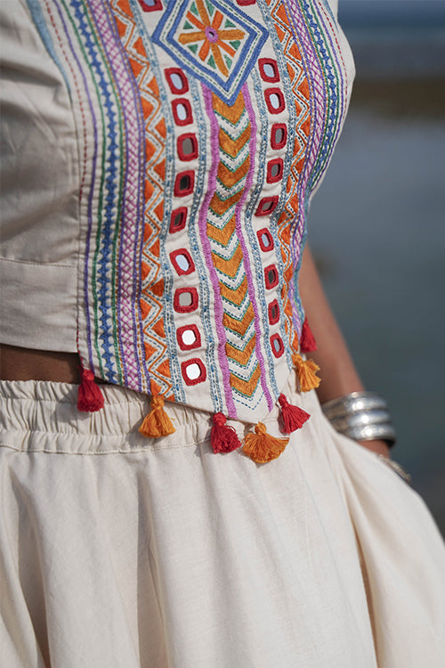 Okhai 'North Star' Hand-Embroidery and Mirrorwork Off White Pure Cotton Blouse