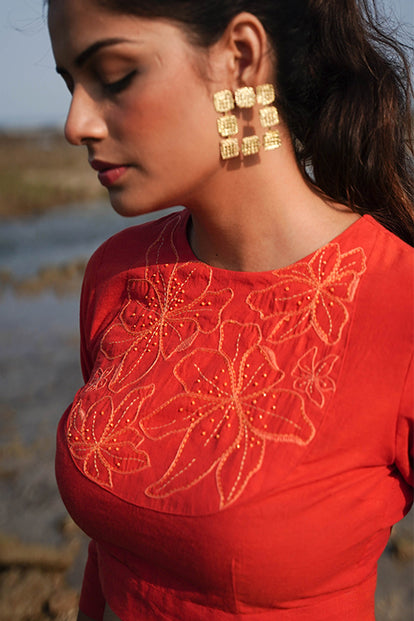 Okhai "Marigolds" Hand-Embroidered and Beadwork Pure Cotton Blouse - Orange