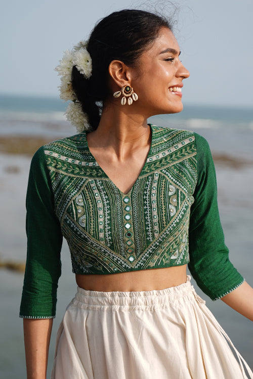 Okhai “Advitiya” Hand-Embroidery and Mirrorwork Pure Cotton Green Blouse