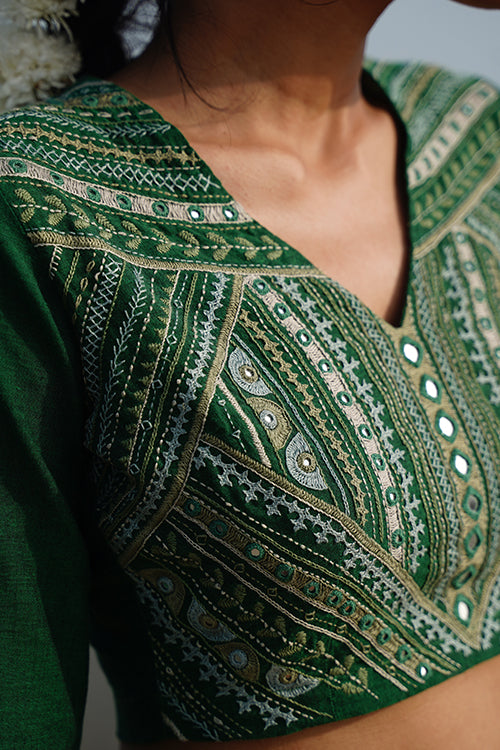 Okhai “Advitiya” Hand-Embroidery and Mirrorwork Pure Cotton Green Blouse