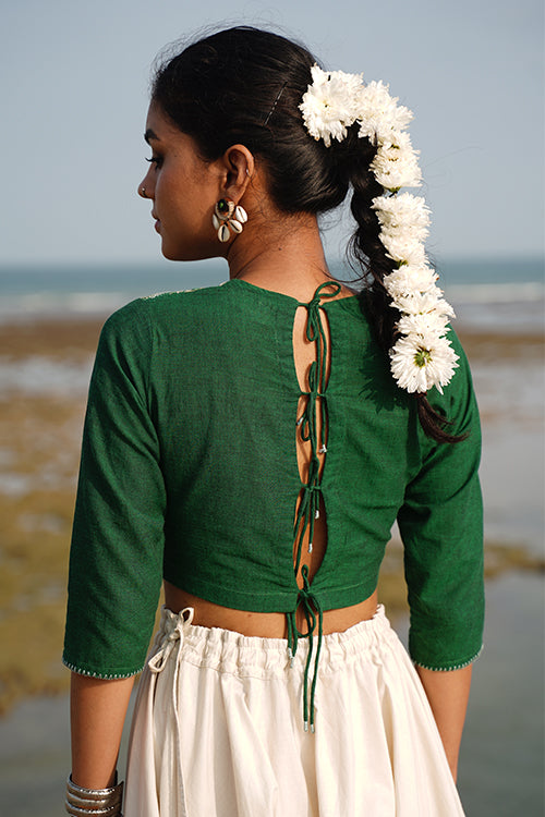 Okhai “Advitiya” Hand-Embroidery and Mirrorwork Pure Cotton Green Blouse