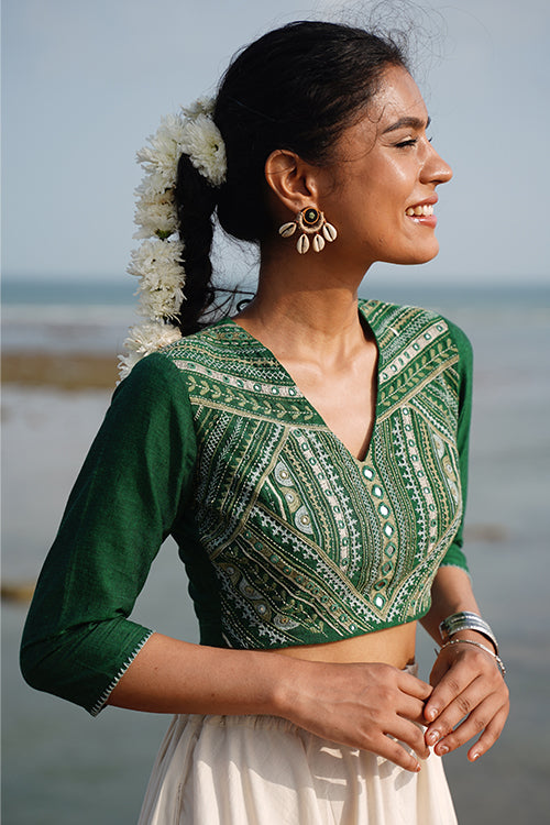 Okhai “Advitiya” Hand-Embroidery and Mirrorwork Pure Cotton Green Blouse