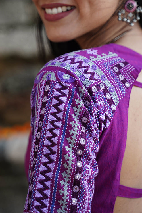 Okhai “Mira” Hand-Embroidery and Mirrorwork Pure Cotton Purple Blouse