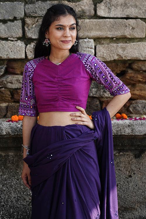 Okhai “Mira” Hand-Embroidery and Mirrorwork Pure Cotton Purple Blouse