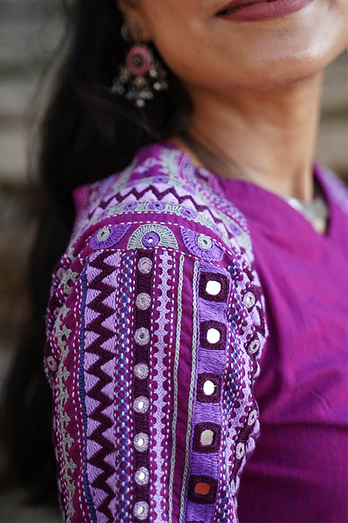 Okhai “Mira” Hand-Embroidery and Mirrorwork Pure Cotton Purple Blouse