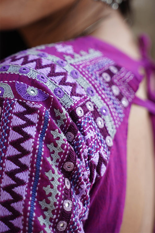 Okhai “Mira” Hand-Embroidery and Mirrorwork Pure Cotton Purple Blouse