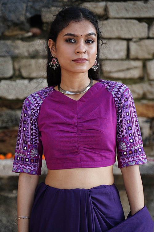 Okhai “Mira” Hand-Embroidery and Mirrorwork Pure Cotton Purple Blouse