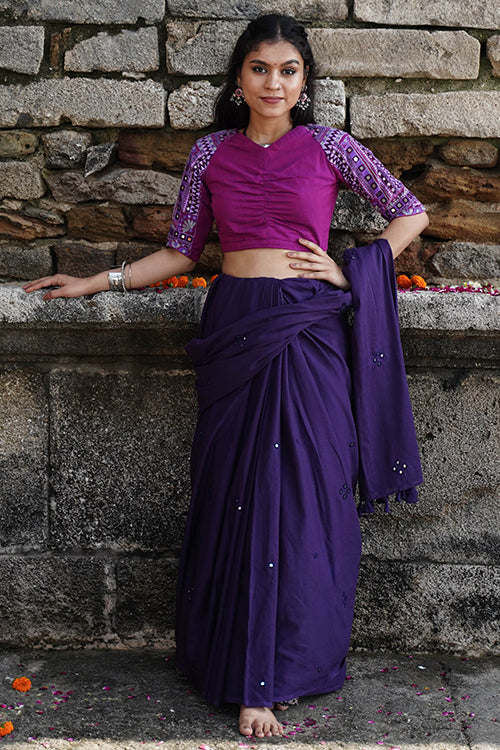 Okhai “Mira” Hand-Embroidery and Mirrorwork Pure Cotton Purple Blouse