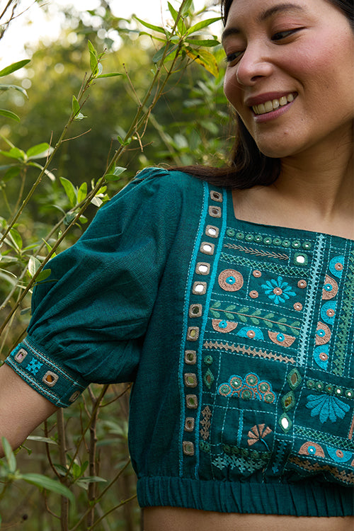 Okhai “Saanvi” Hand-Embroidery and Mirrorwork Pure Cotton Green Blouse