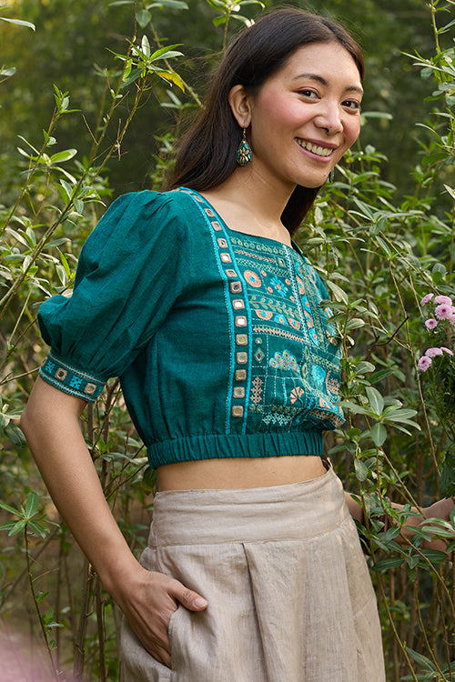 Okhai “Saanvi” Hand-Embroidery and Mirrorwork Pure Cotton Green Blouse