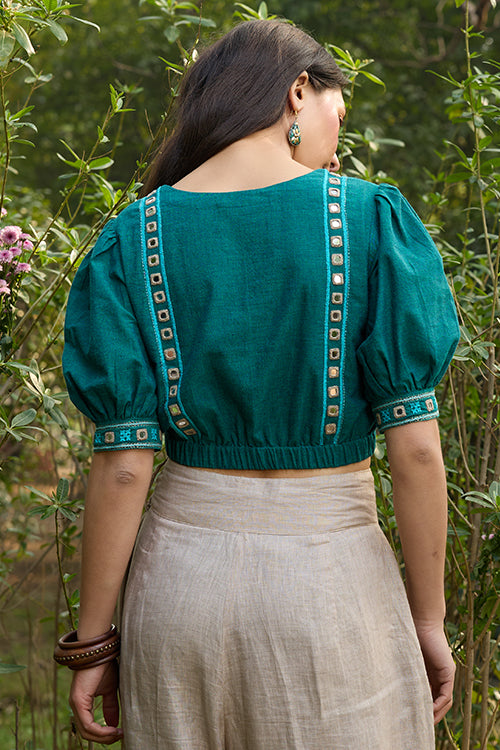 Okhai “Saanvi” Hand-Embroidery and Mirrorwork Pure Cotton Green Blouse