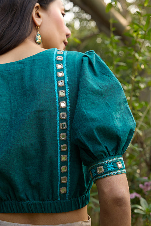 Okhai “Saanvi” Hand-Embroidery and Mirrorwork Pure Cotton Green Blouse