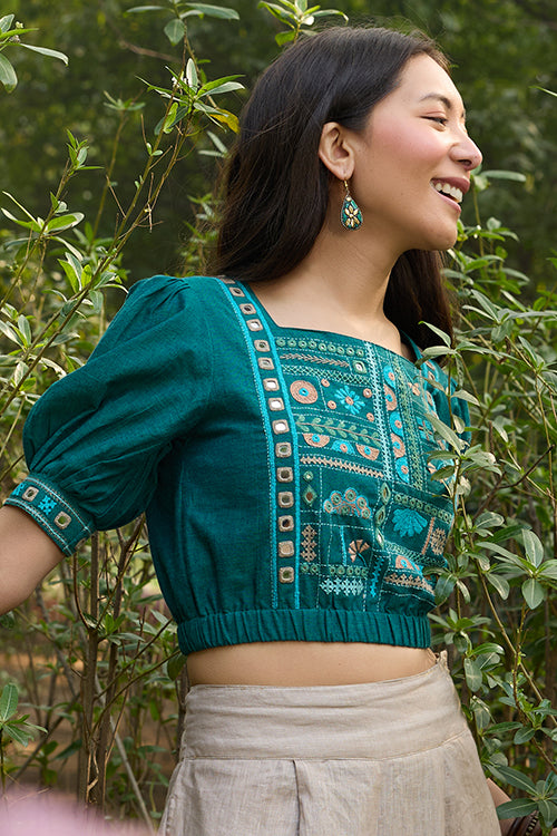 Okhai “Saanvi” Hand-Embroidery and Mirrorwork Pure Cotton Green Blouse