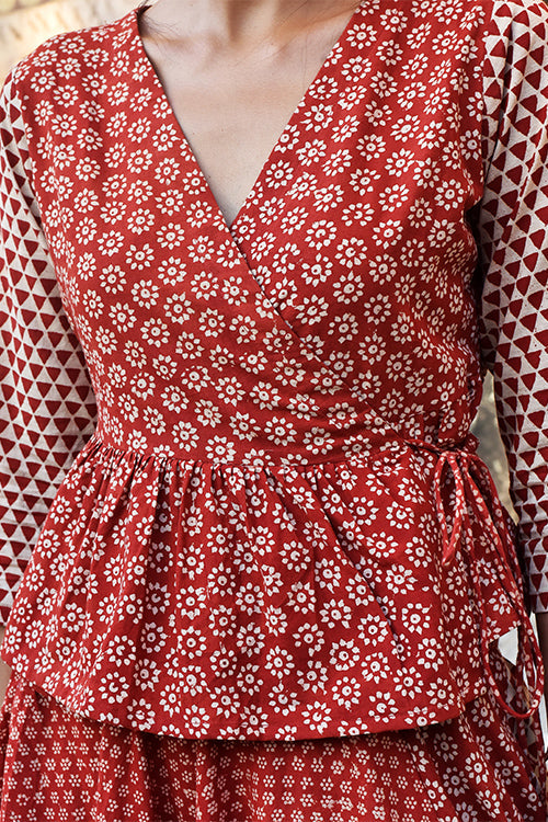 Okhai 'Saraswati' Pure Cotton Hand Block Printed Wrap Top and Skirt Set | Rescue