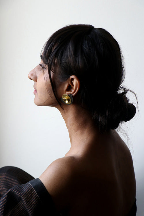Lukka Chuppi Nova - Half Moon Black earrings with brass off cut sheet.