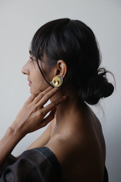 Lukka Chuppi Nova - Half Moon Black earrings with brass off cut sheet.