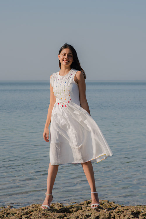 Okhai Reflection White Cotton Embroidered Sleeveless Dress Online