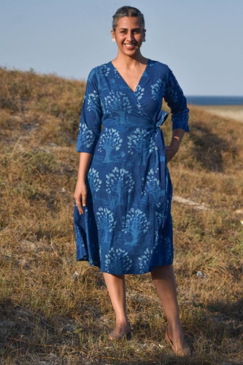 Okhai 'Jungle' Handblock Printed Hand Embroidered Cotton Wrap Around Dress