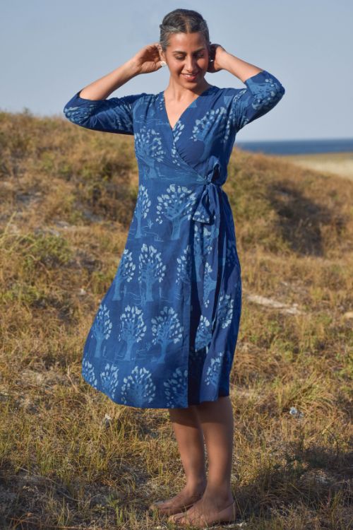 Okhai 'Jungle' Handblock Printed Hand Embroidered Cotton Wrap Around Dress