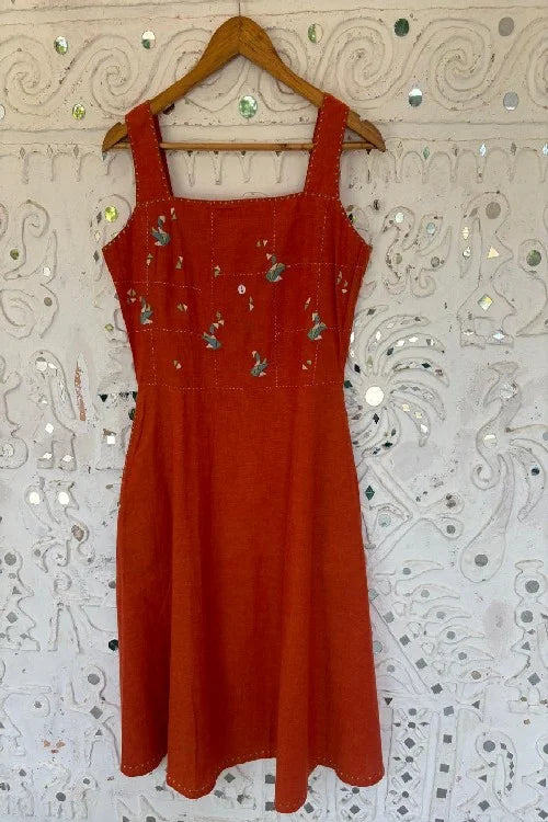 Okhai 'Hummingbird' Cotton Handloom Hand Embroidered Sleeveless Dress | Rescue