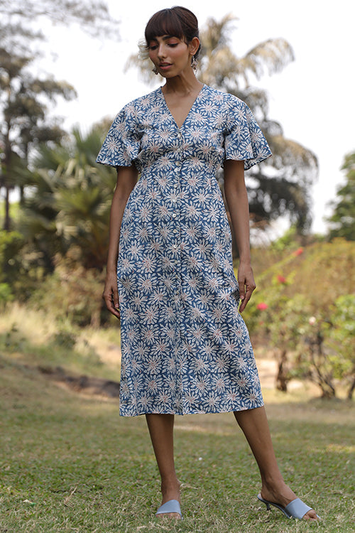 Okhai 'Flower Field' Pure Cotton Indigo Hand Block Printed Dress | Relove