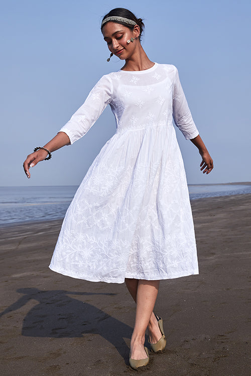 Okhai Shanza Embroidered Pure Cotton White Chikankari Dress Online