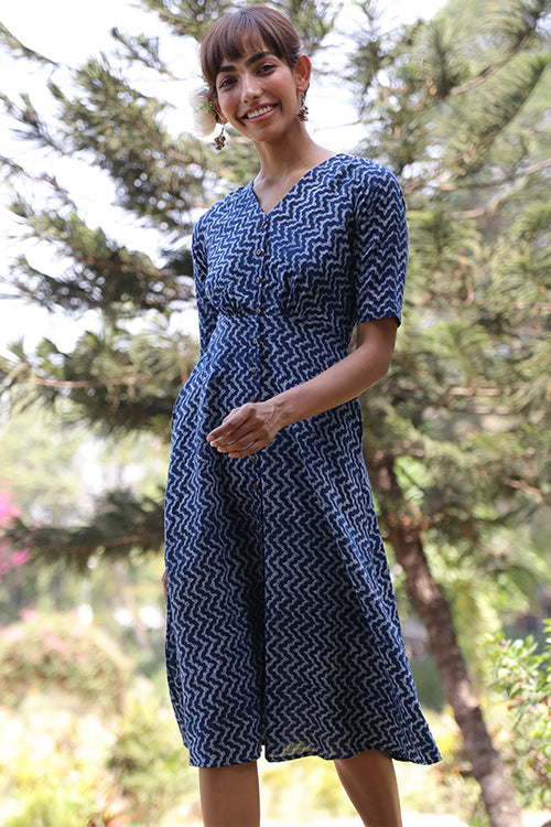 Okhai Ocean Voyage Pure Cotton Hand Block Printed Indigo Dress Online