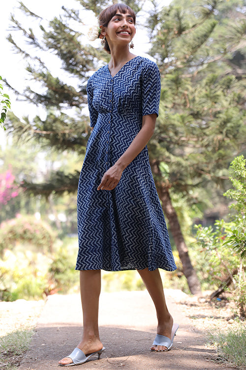 Okhai 'Ocean Voyage' Pure Cotton Hand Block Printed Indigo Dress | Rescue