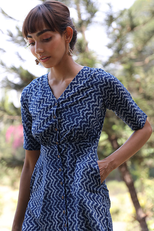 Okhai Ocean Voyage Pure Cotton Hand Block Printed Indigo Dress Online