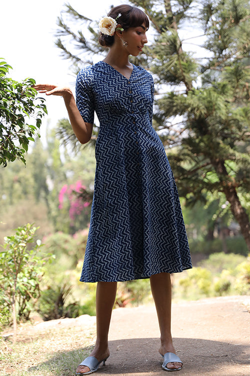 Okhai 'Ocean Voyage' Pure Cotton Hand Block Printed Indigo Dress | Rescue