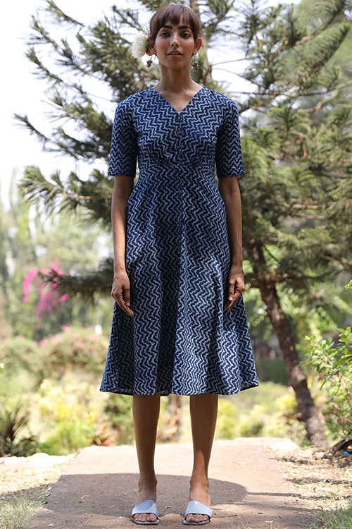 Okhai 'Ocean Voyage' Pure Cotton Hand Block Printed Indigo Dress | Rescue