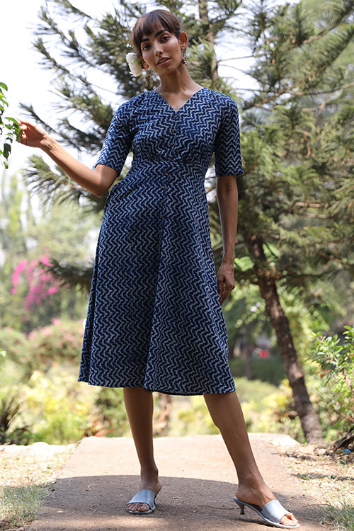 Okhai 'Ocean Voyage' Pure Cotton Hand Block Printed Indigo Dress | Rescue