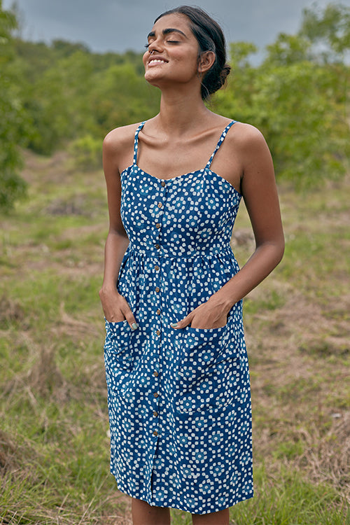 Okhai 'Summer Delight' Pure Cotton Indigo Handblock Printed Sleeveless Dress | Rescue