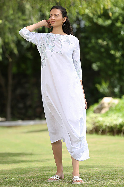 White Peacock Embroidered Pure Cotton White Chikankari Dress Online