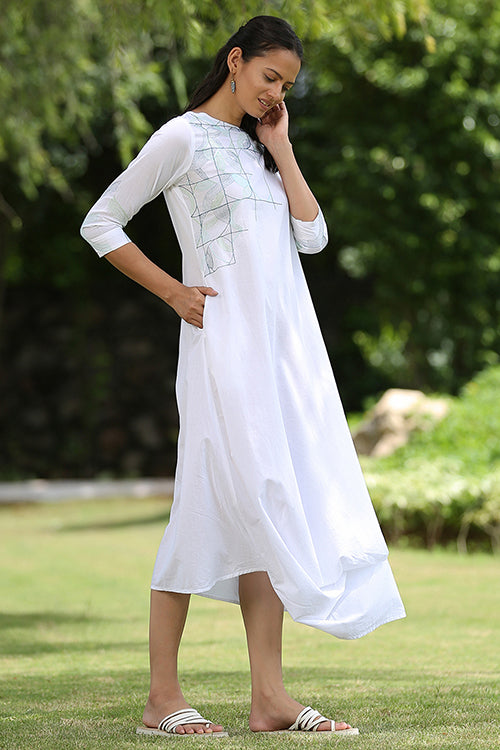 White Peacock Embroidered Pure Cotton White Chikankari Dress Online