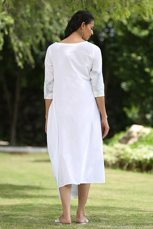 Okhai 'White Peacock' Hand Embroidered Pure Cotton Dress | Rescue