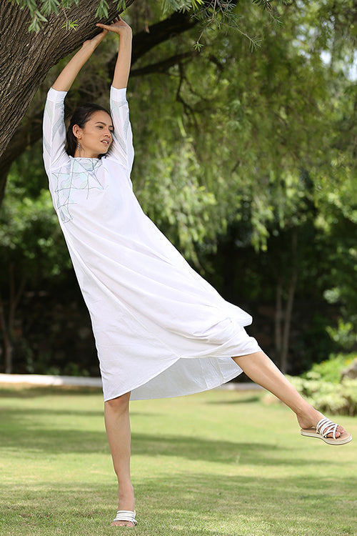 Okhai 'White Peacock' Hand Embroidered Pure Cotton Dress | Rescue