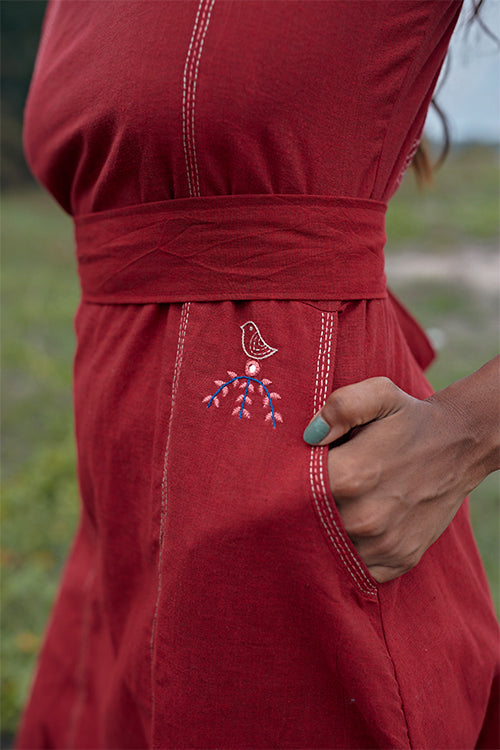 Okhai 'Firefinch' Pure Cotton Hand Embroidered Mirror Work Sleeveless Dress | Rescue