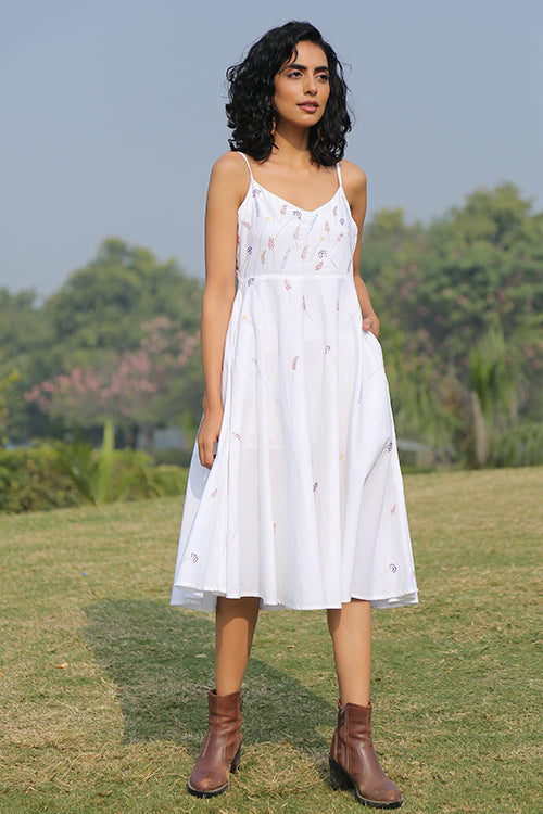 Noble White Hand Embroidered Pure Cotton Sleeveless Dress For Women Online