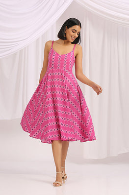 Wildest Dream Pink Pure Cotton Ikkat Sleeveless Dress For Women Online