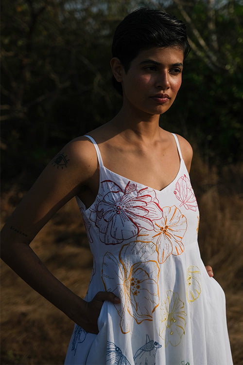  Emiliana Mirrorwork White Hand Embroidered Dress For Women Online 