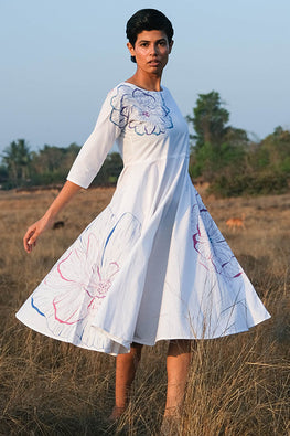  Layla Hand Embroidered Mirror Work White Pure Cotton Dress Online