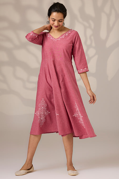 Okhai 'Mauve Magic' Hand Embroidered Pure Cotton Dress