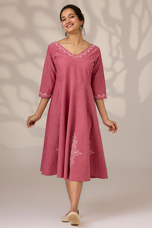 Okhai 'Mauve Magic' Hand Embroidered Pure Cotton Dress