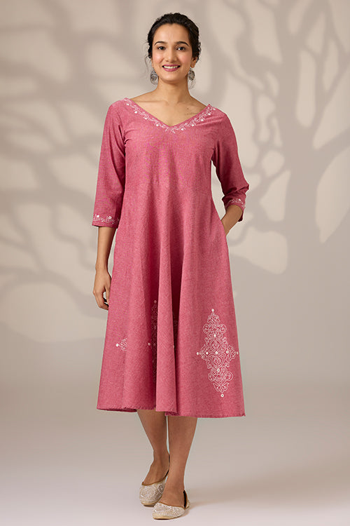 Okhai 'Mauve Magic' Hand Embroidered Pure Cotton Dress